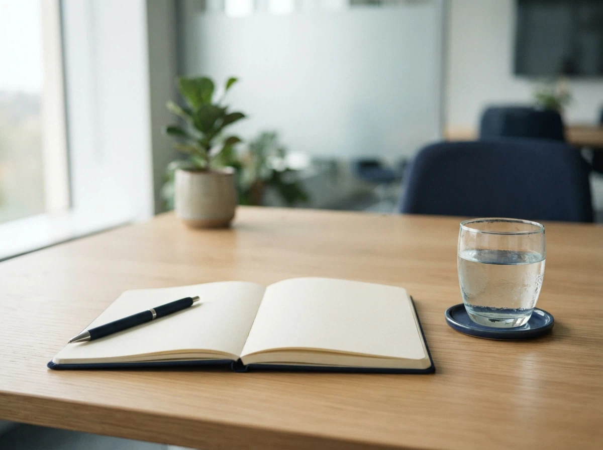 Clean, minimalist workspace with notebook and water glass